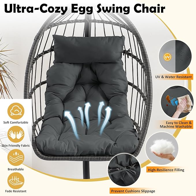 TITIMO Foldable Hanging Egg Chair with Stand Indoor/Outdoor Wicker Swinging Chair with Comfortable Cushion and Headrest Rattan Hammock Chair for Patio Bedroom Balcony Garden 350LBS Capacity
