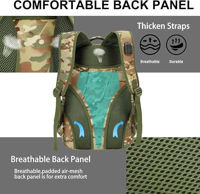 outdoor plus Camo BackpackMilitary Boys Backpacks for School30L Army Bookbag with USB Charging Port Waterproof