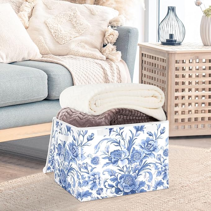 Flower Blue Lidded Storage Bins with Handles - 16.5x12.6x11.8 Foldable Organizing Box Oxford Fabric &amp Honeycomb Board Dust-Proof Flip Lid for Closet/Office