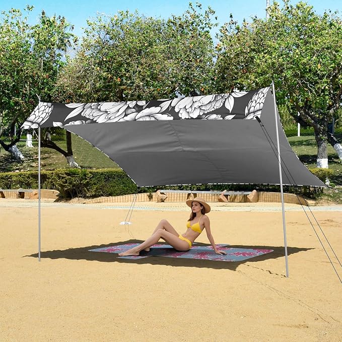 Owl with Peony Flowers Beach Tent Sun Shelter Set UPF50+ UV Protection 10.5 x 9.19 FT Camping Shade Canopy with Sandbags Sand Anchors Carrying Bag and Others