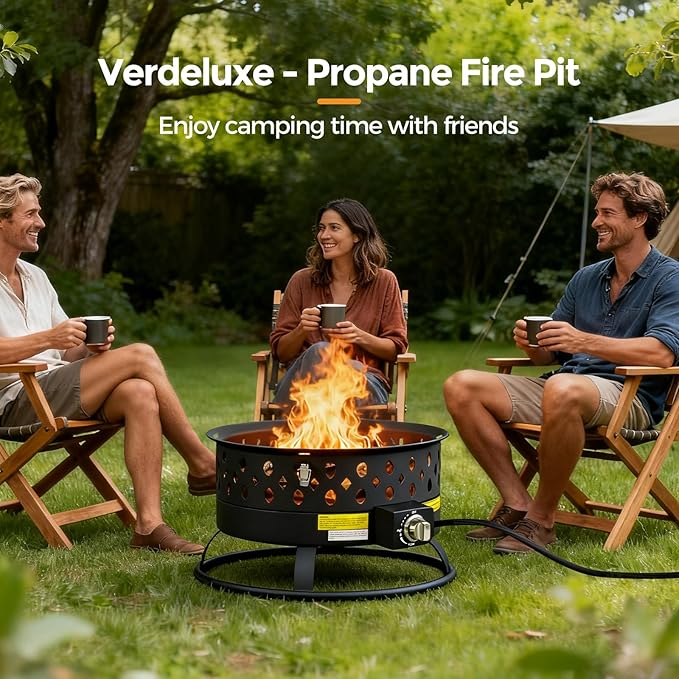 Verdeluxe 22 Inch Portable Propane Fire PitGas Fire Pit for Outside with Lid &amp Handle Smokeless Gas Firepit Bowl with Lava RocksOutdoor Propane Firepits for CampingPatioYardBonfire.(Black)