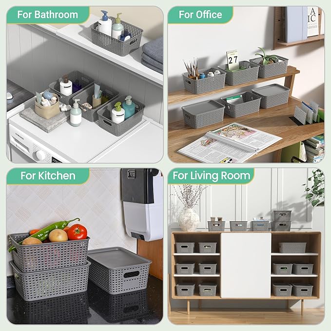 Plastic Storage Baskets with Lid-Plastic Storage Containers Stackable Storage bins: Storage Baskets for Organizing Shelves Drawers Desktop Closet Playroom Classroom Office8 Pack-Gray10.2x7.2x4.1Inch