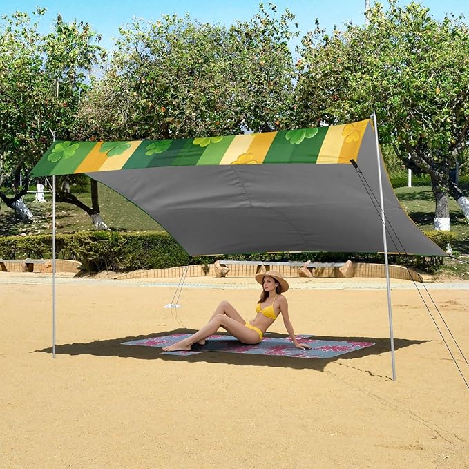 St Patrick's Striped Shamrocks Beach Tent Sun Shelter Set UPF50+ UV Protection 10.5 x 9.19 FT Camping Shade Canopy with Sandbags Sand Anchors Carrying Bag and Others