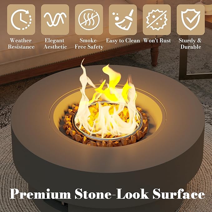 32.5 Inch Propane Fire Pit Table 50000 BTU Round Patio Fire Pit Table Outdoor CSA Certified Stainless Burner with Steel Lid Waterproof Cover &amp Lava Rocks for Backyard Garden Gray