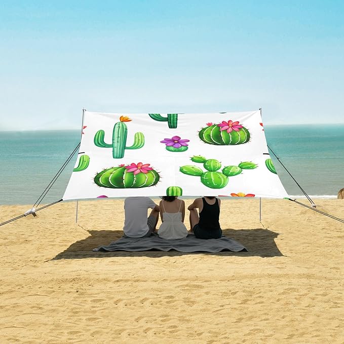 Beach Canopy with Windproof Ropes &amp Sandbags Beach Tent Sun Shade Sun Shelter for Camping Trips Fishing Backyard Fun or Picnics Cactus