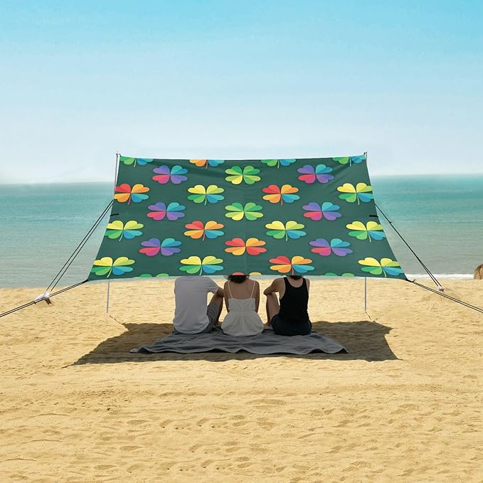 Beach Canopy with Windproof Ropes &amp Sandbags Beach Tent Sun Shade Sun Shelter for Camping Trips Fishing Backyard Fun or Picnics St. Patrick's Day Clover