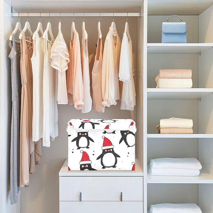 Collapsible Storage Bins with Lids Decorative Fabric Storage Cubes Closet Organizer and Storage Basket Boxes Containers for Clothes Box Chest Nursery Folding Rectangle White Penguin Christmas