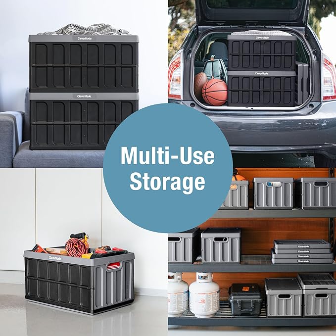 CleverMade Collapsible Storage Bins with Lids 62L – Heavy Duty Foldable Plastic Storage Crates for Garage Closet &amp Trunk Organization - Stone
