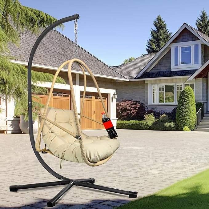 Swing Egg Chair with Stand Indoor Outdoor Wicker Rattan Patio Basket Hanging Chair with C Type Bracket with Cushion and PillowPatio Wicker Folding Hanging Chair(Special Construction Cup Holder