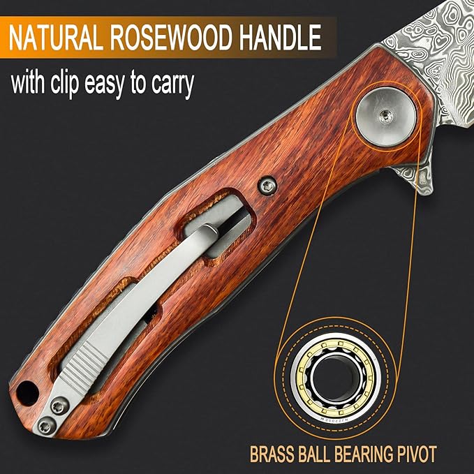 AUBEY Damascus Pocket Knife with Wooden Handle for EDC Camping Collection