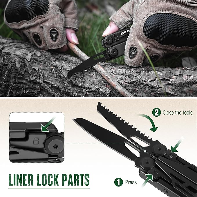 MOSSY OAK CNC-Machined Multitool Pliers 27-in-1 Multi Tool with Pocket Knife Fire Starter &amp Whistle Bottle Opener Screwdriver – Self-Locking Survival Tool for Camping &amp Hiking Black