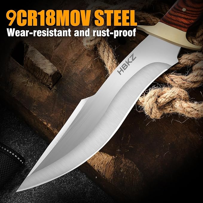 Fixed Blade Survival Knife - 9Cr18 Stainless Steel Hunting Knife - 12 Heavy Duty Bushcraft Knife with Premium Wood Handle - Gift for Men for Camping Hiking &amp Fishing
