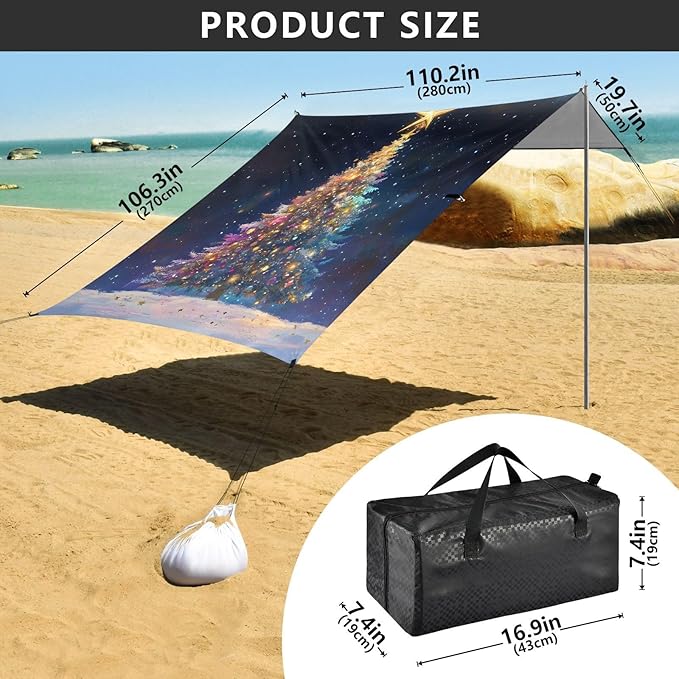 ALAZA Christmas Tree Fantastic Beach Tent Sun Shelter UPF50+ Protection Beach Shade Canopy w/ 4 Sandbags for Outdoor Camping Fishing Backyard Fun Picnic 10x9 ft