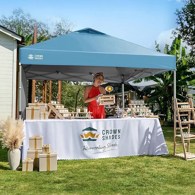 CROWN SHADES 10x10 Pop Up Canopy with 1 Side Wall - Beach Tent with One Push Setup - Outdoor Sun Shade for Events Parties Camping - Gazebo with STO-N-Go Cover Bag (Cyan Blue)