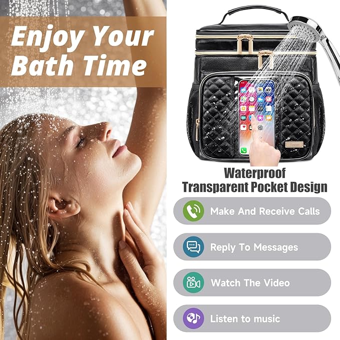 Large Leather Toiletry Bag for Women MenBathroom BagWater Resistant Shower BagMakeup BagPortable Shower Caddy for College DormHanging Travel Toiletry Bag with Transparent Waterproof Phone Pocket