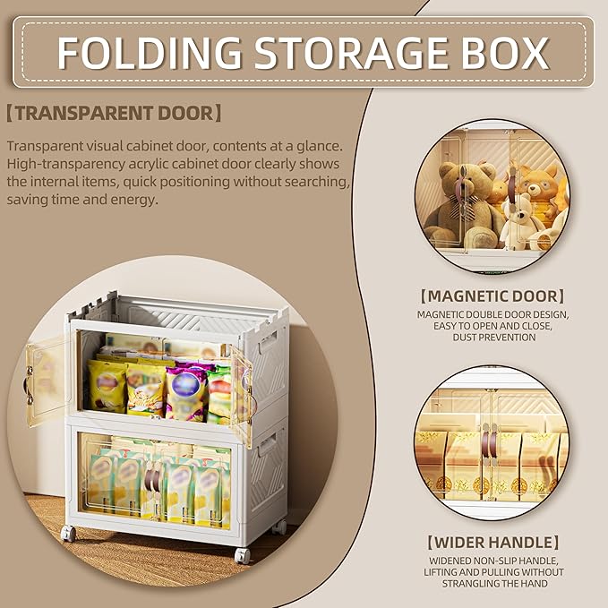 168 QT / 42 Gal Magnetic Door Storage Bins Collapsible Stackable w/1 Lid Heavy Duty Plastic Cabinet with Wheels for Home Office Organization (White)