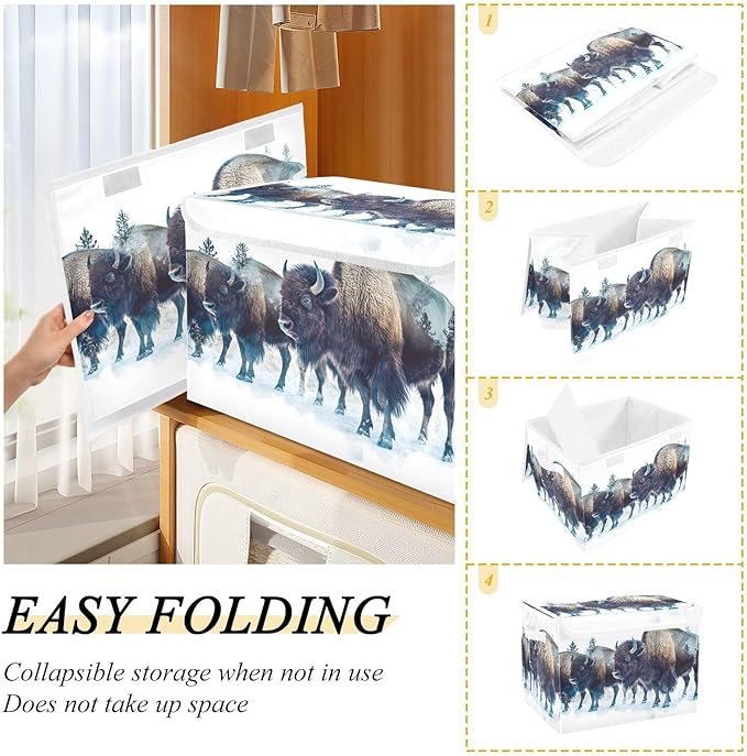 Storage Cube with Lid Winter Bisons Print 16.5×12.6×11.8 IN Collapsible Large Capacity Foldable Storage Basket Bin Organizer