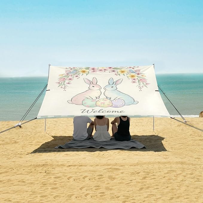 Beach Canopy with Windproof Ropes &amp Sandbags Beach Tent Sun Shade Sun Shelter for Camping Trips Fishing Backyard Fun or Picnics Easter Bunny