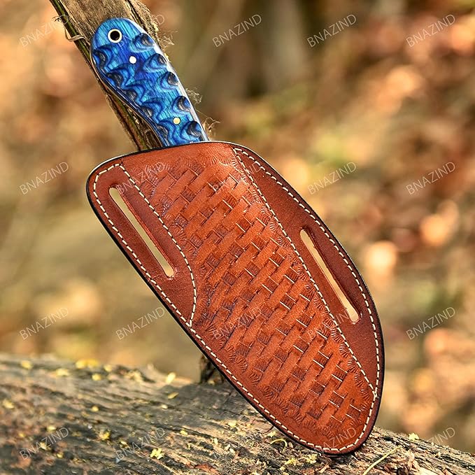 8 Handmade Damascus Bull Cutter Knife with Pancake Sheath - Western Cowboy knife for Hunting Skinning Camping and outdoor activities