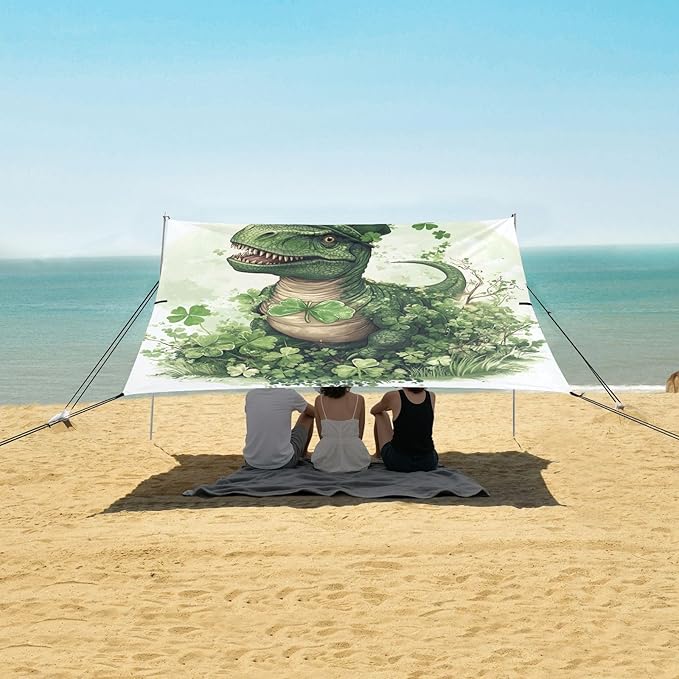 ALAZA Happy St. Patrick's Day Shamrock Dinosaur Beach Tent Sun Shelter Portable Canopy Sunshade for Outdoor Camping Picnics Backyard Fun 10x9 ft