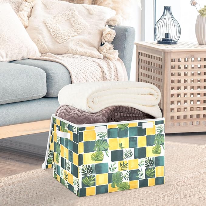 AIXIWAWA Lidded Storage Cube (Checkered Palm) Fabric Foldable Closet Bins with Flip Lid and Handles Organizer Basket Container 16.5 x 12.6 x 11.8 IN