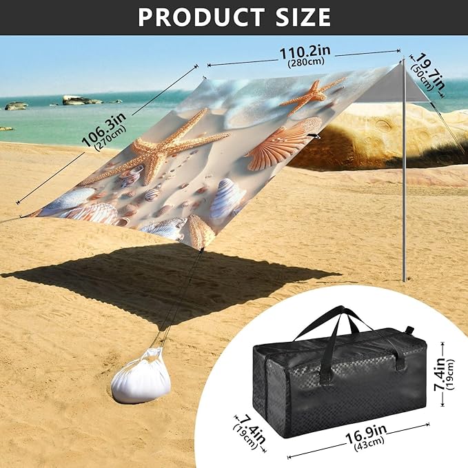 ALAZA Seashell Beach Summer Beach Tent Sun Shelter UPF50+ Protection Beach Shade Canopy w/ 4 Sandbags for Outdoor Camping Fishing Backyard Fun Picnic 10x9 ft