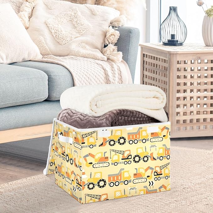 susiyo Large Foldable Storage Bin with Flip-Top Lid Construction Trucks Storage Box Collapsible Closet Organizer Containers Boxes Decorative Baskets with Handles for Home Bedroom Living Room Office