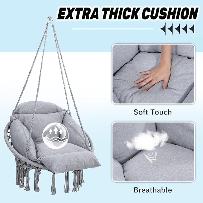Macrame Hammock Hanging Swinging Chair with Oversized Cushion Perfect for Bedroom Porch Kids Adults Balcony Grey