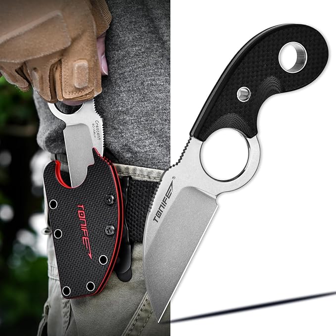 TONIFE Small Fixed Blade Knife Full Tang EDC Camping with Sheath Lanyard and Clip Blade Length 2.172.5 oz.with Sheath (Black - Stonewash)