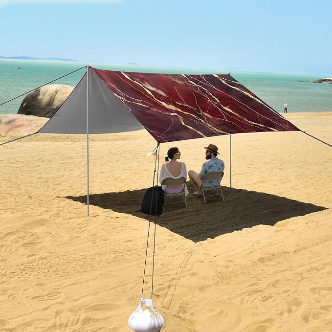ALAZA Dark Red Marble Gold Veins Beach Tent Sun Shelter Portable Canopy Sunshade for Outdoor Camping Picnics Backyard Fun 10x9 ft