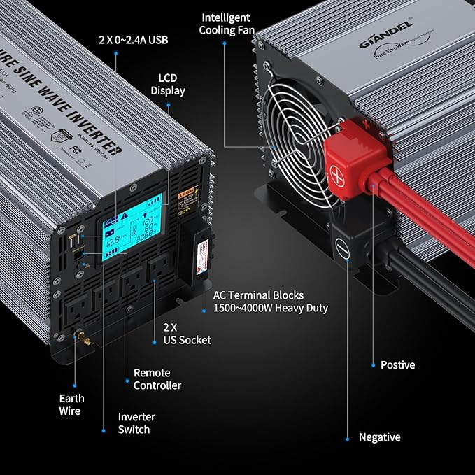 5000Watt Pure Sine Wave Power Inverter ETL UL458 Listed 12V DC to 110V 120V AC with Hardwire Terminals &amp Push Mount Remote for Off Grid Solar System Boats Campers by GIANDEL