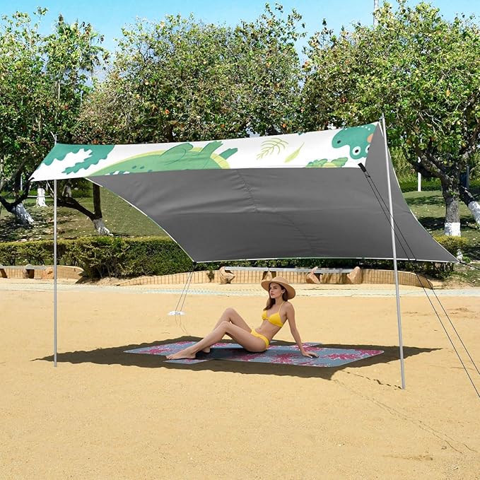 Cute Cartoon Crocodile Alligator Watercolor Beach Cabana Tent UPF50+ Water-Resistant Large Portable Sun Shelter with Sand Pockets for Camping Fishing Backyard Fun