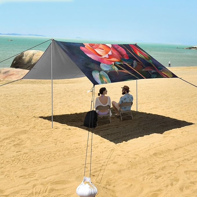 ALAZA Rose Flowers Art Beach Tent Sun Shelter UPF50+ Protection Beach Shade Canopy w/ 4 Sandbags for Outdoor Camping Fishing Backyard Fun Picnic 10x9 ft
