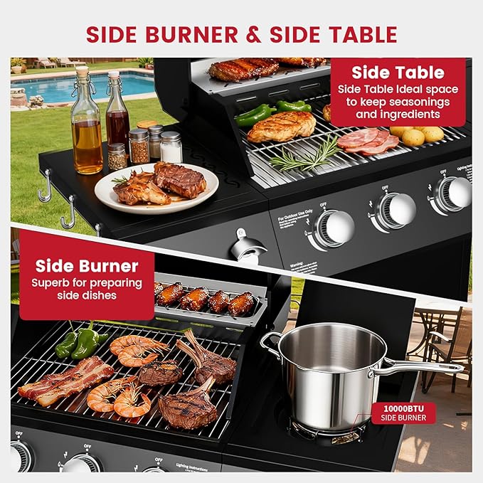 3 Burner Propane Gas Grill with Side Burner 40000 BTU Output Propane Grill Outdoor Gas BBQ Grill with Stainless Steel Grates Outdoor Cooking for Patio Camping Backyard