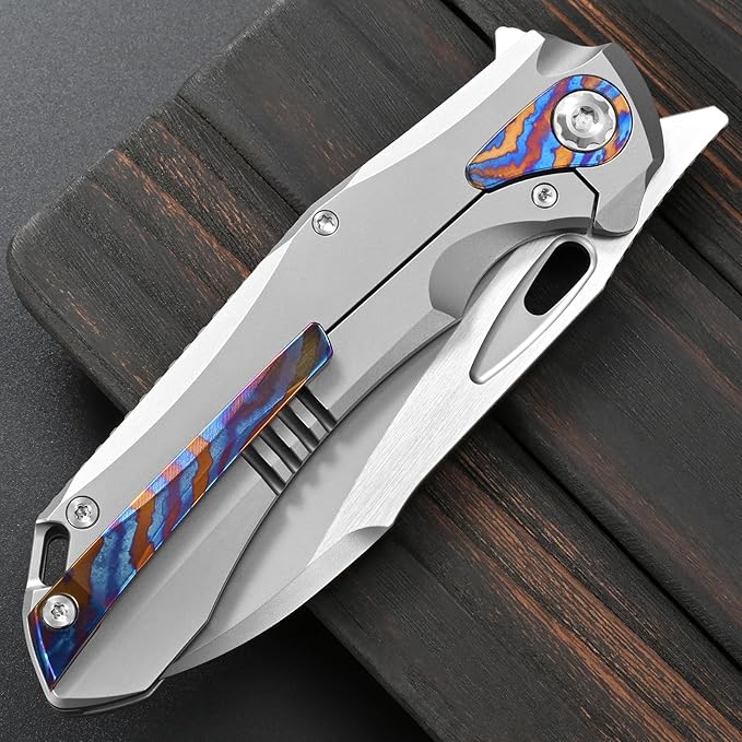 Sitivien ST276 Folding Knife M390 Steel Blade Titanium and Timascus Inlaid Handle Knife with Safety Lock Frame Lock for Outdoor Camping Hiking Survival
