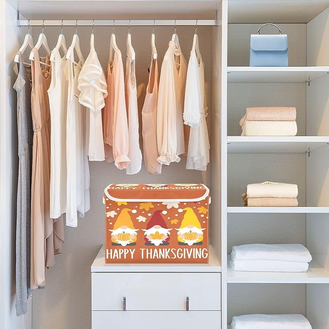 Large Collapsible Storage Bins with Lids Autumn Gnomes Thanksgiving Fall Storage Baskets Organizer Containers with Handles for Clothes