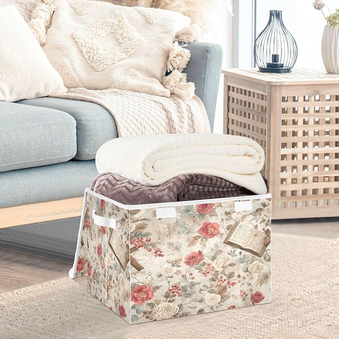 Storage Bins With Lid Stackable Fabric Closet Organizer Clothing Storage Large Boxes For Closet Shelves Bedroom Beige Jesus Crosses Bibles Roses