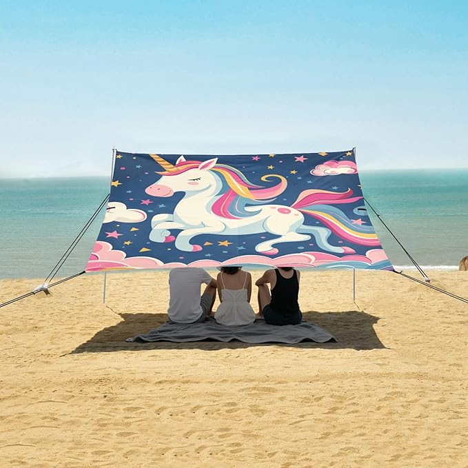 ALAZA Cute Unicorn Colorful Night Sky Rainbow Stars Clouds Beach Tent Sun Shelter Portable Canopy Sunshade for Outdoor Camping Picnics Backyard Fun 10x9 ft
