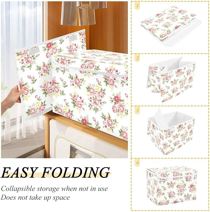 senya Flower Baskets Collapsible Storage Bins with Lids Pink Rose Flower Floral Storage Boxes Clothes Baskets for Organizing