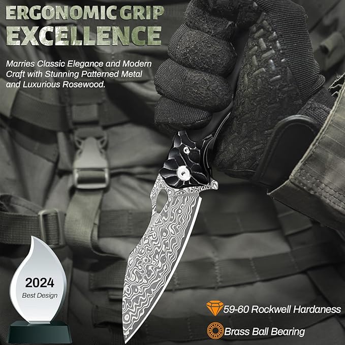 Pocket Knife for Men Hunting knife with sheath Damascus Steel Folding knife with Ebony Wood Handle Survival EDC Knife for Fishing Meat Cutting Tactical Knife for Outdoor Camping Hiking