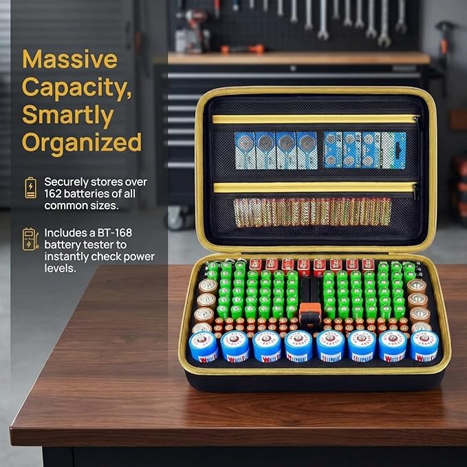 Boobowl Battery Organizer Case with Tester - Universal Storage Box for 162+ AA AAA C D 9V Batteries- Fire-Preventive Foam Design for Home Emergency &amp Garage Organization (Black)