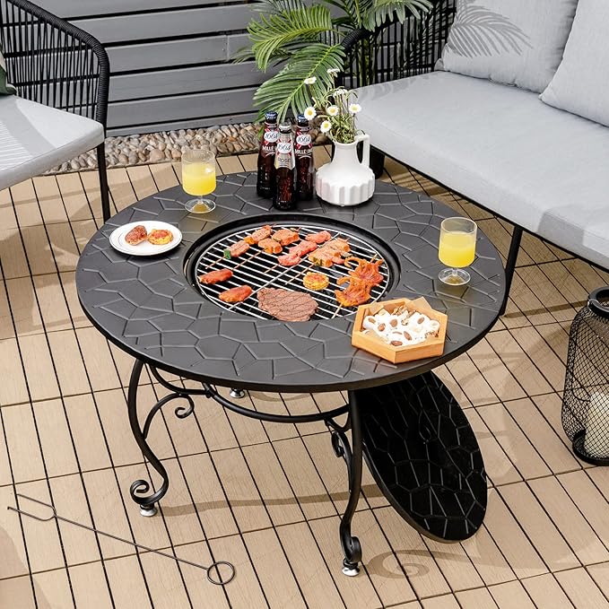 Giantex Fire Pit Table 4-in-1 Outdoor Dining Table 36 Inch Multifunctional Metal Round Patio Table Wood Burning Fire Pits with Cover Grill Grate Poker for Garden Poolside Backyard Fireplace