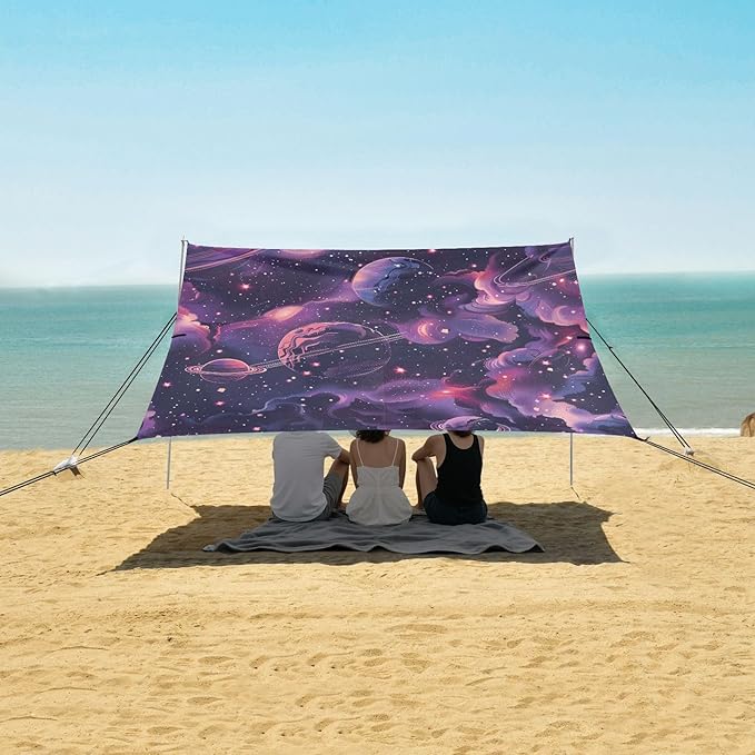 ALAZA Pink Universe Planets Nebula Beach Tent Sun Shelter UPF50+ Protection Beach Shade Canopy w/ 4 Sandbags for Outdoor Camping Fishing Backyard Fun Picnic 10x9 ft