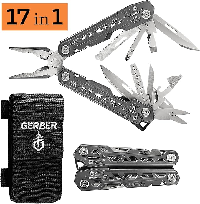 Gerber Gear Truss 17-in-1 EDC Needle Nose Pliers Multi tool - includes Pocket Knife Screwdriver and Bottle Opener Accessories - Gifts for Men Fishing and Camping Gear - Gray with Standard Sheath