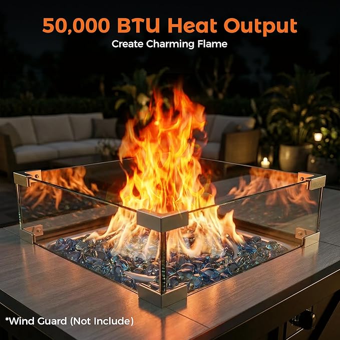 BALI OUTDOORS 42 inch 50000 BTU Rectangular Propane Gas Fire Pit Table with Fire Glass and Table Lid Fire Pits Outdoor for Garden Patio Backyard