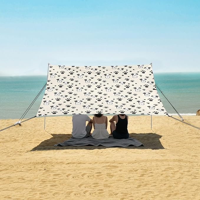 ALAZA Cute Dog Puppy Paw Prints Beach Tent Sun Shelter UPF50+ Protection Beach Shade Canopy w/ 4 Sandbags for Outdoor Camping Fishing Backyard Fun Picnic 10x9 ft