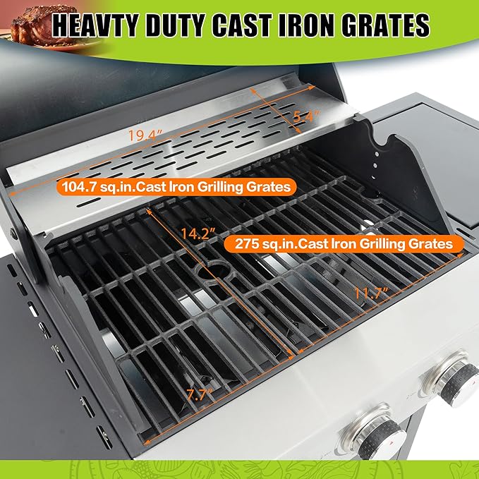 3 Burner Outdoor Propane Gas Grill with Side Burner &amp Thermometer Stainless Steel Barbecue Grill with Wheels for Patio BBQ Cooking Camping (3 Burner)