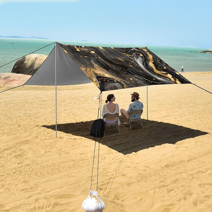 ALAZA Luxury Black &amp Gold Marble Beach Tent Sun Shelter UPF50+ Protection Beach Shade Canopy w/ 4 Sandbags for Outdoor Camping Fishing Backyard Fun Picnic 10x9 ft