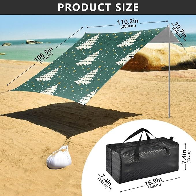 ALAZA Christmas Tree Snow Beach Tent Sun Shelter UPF50+ Protection Beach Shade Canopy w/ 4 Sandbags for Outdoor Camping Fishing Backyard Fun Picnic 10x9 ft