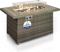 SereneLife Sturdy Wicker Base Propane Fire Pit Table with Tile Top Patio Heater &amp Propane Heater Sliding Door Stainless Steel Burner Tempered Glass Wind Guard 50000 BTU Weather Resistant
